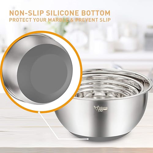 Miniatura 12 de Wildone Juego de cuencos para mezclar con tapas herméticas, 5 cuencos de acero inoxidable para cocina, con accesorios para rallador y parte inferior