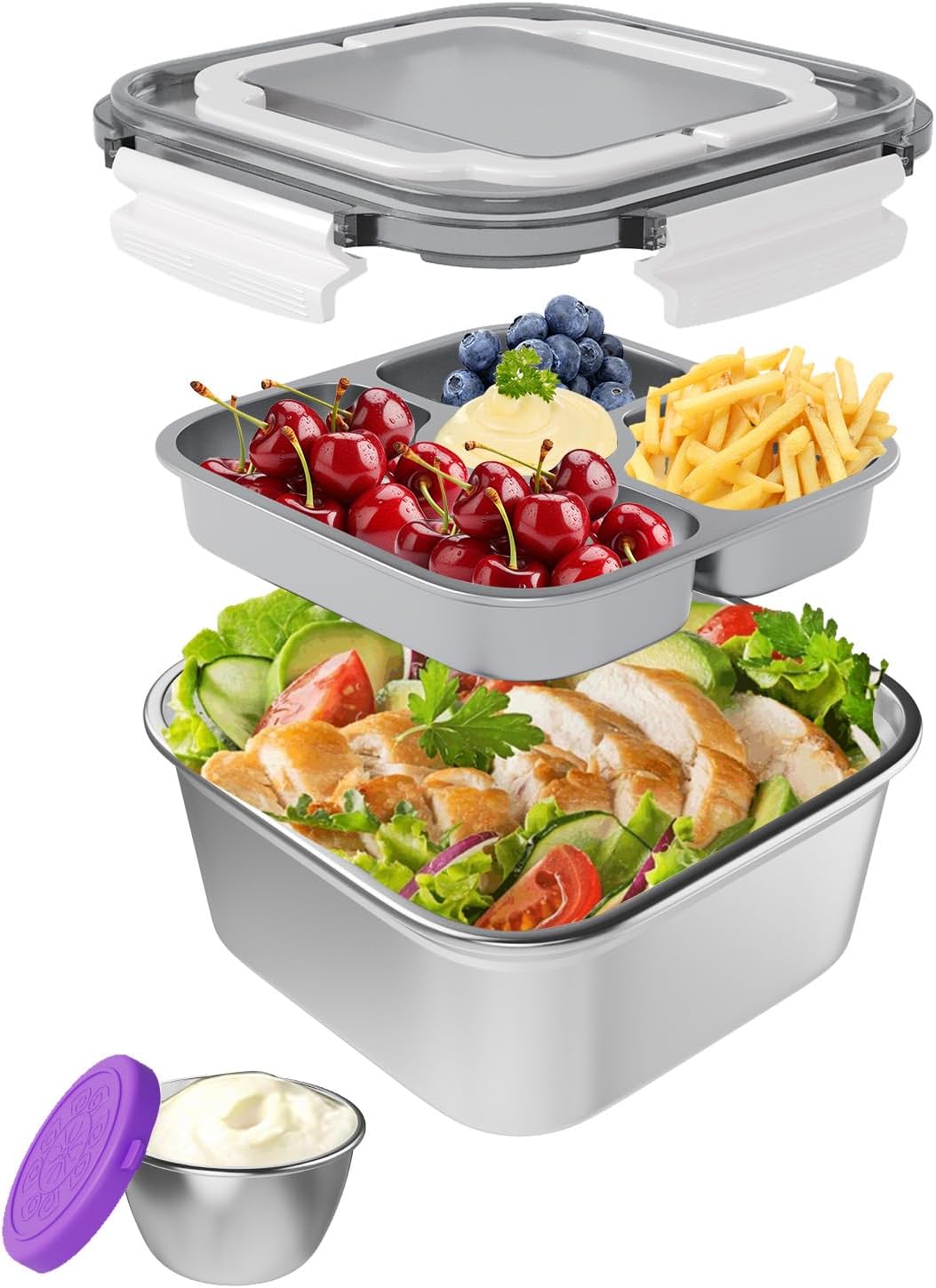 ENCYS Salad Container for Lunch Large-60-oz,3 Compartment Bento-Style Tray and 1.5-oz Salad Dressings Container,Stainless Steel Food Containers with Lids, Lunch Box, Bento Box（White）