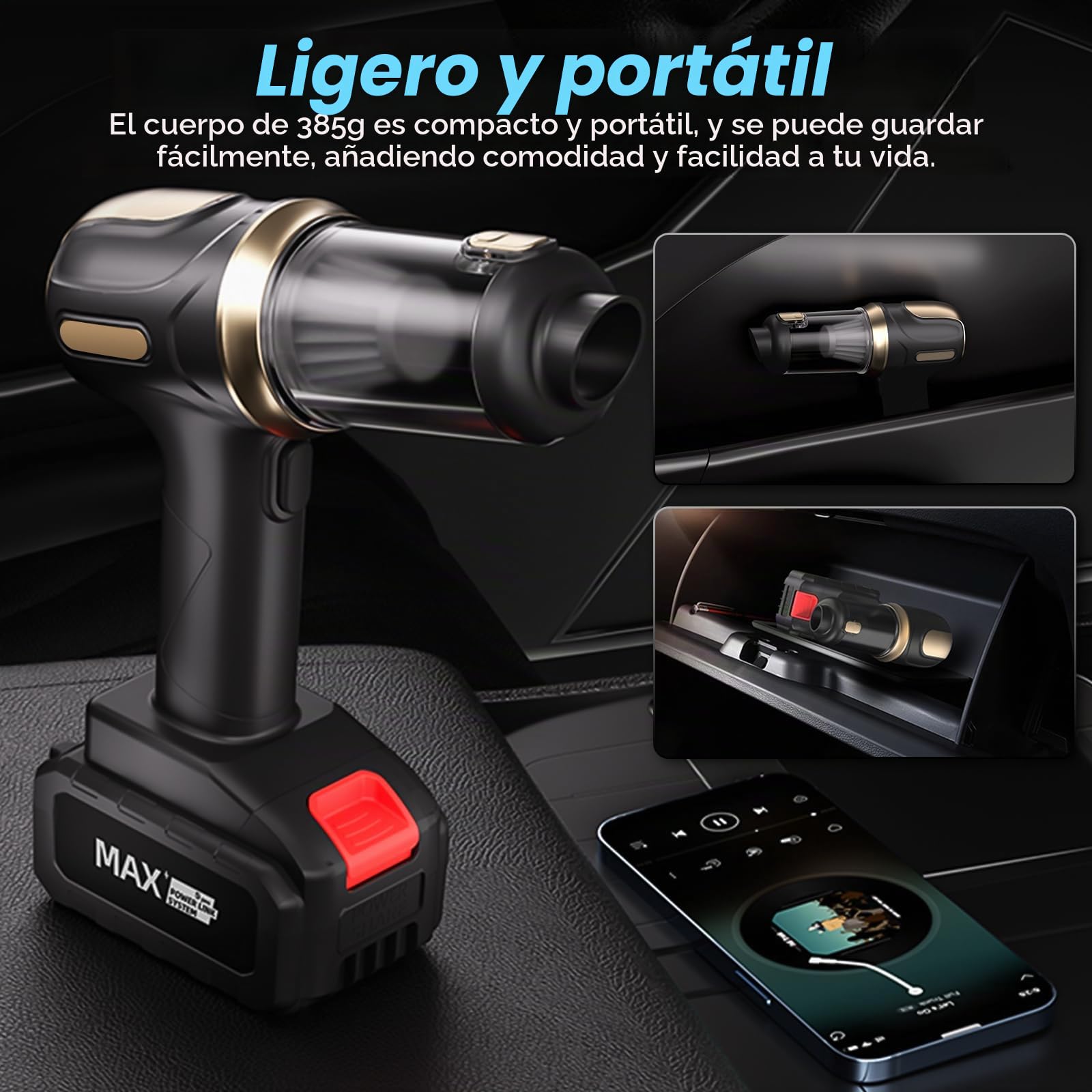 D-Lumina Potente aspiradora de coche de 22000 PA, mini aspiradora portátil inalámbrica recargable, sistema de doble filtración, ajuste de 2 marchas, adecuada para limpieza profunda de coches y hogares
