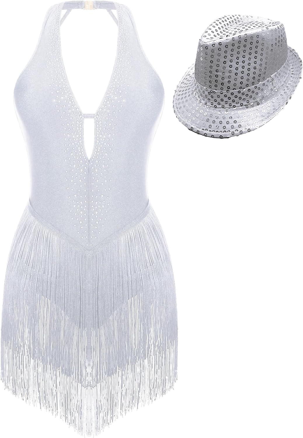 Women's Deep V Neck Halter Backless Fringe Bodysuit Tango Latin Dance Performance Dress with Sequin Hat