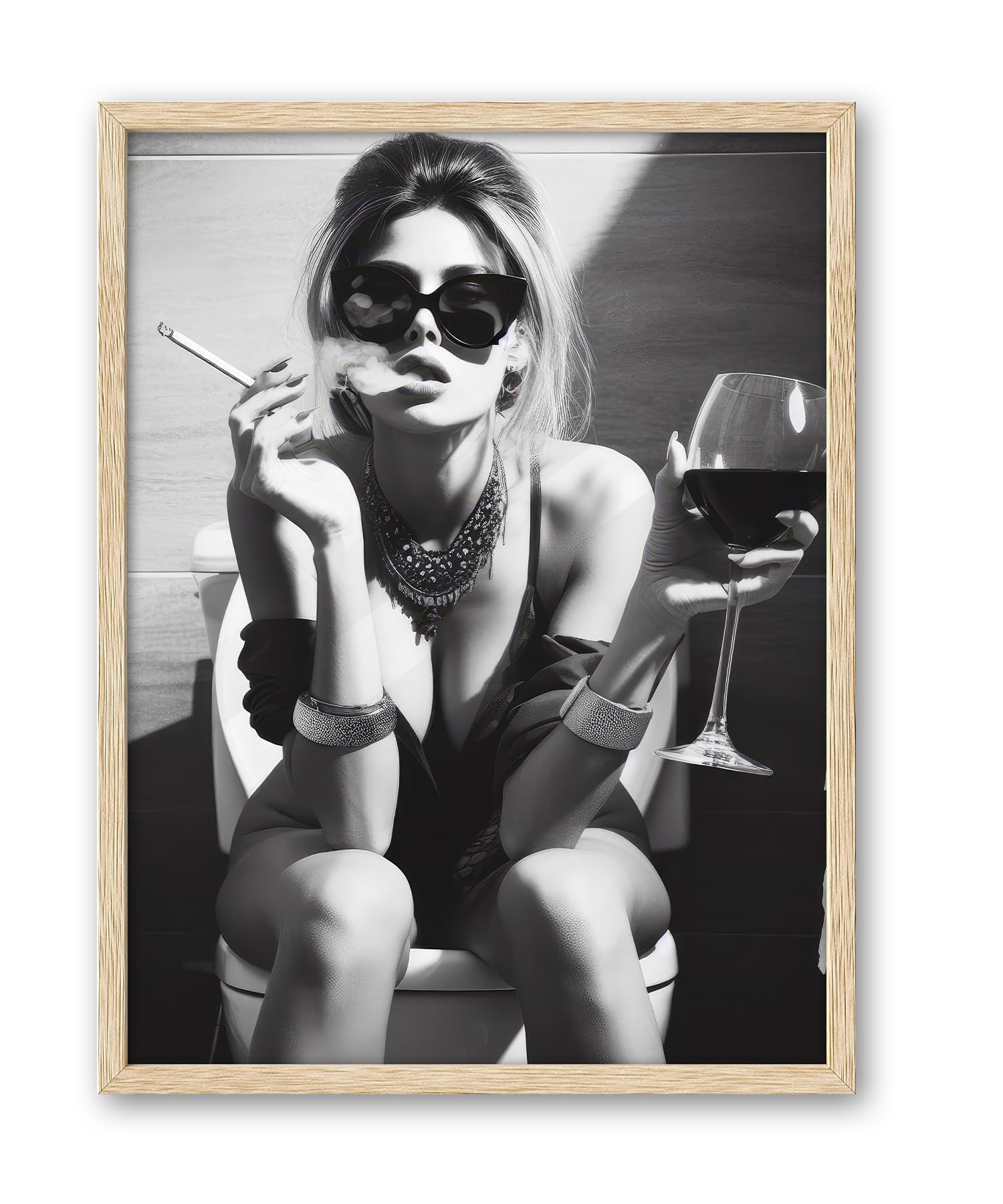 iHery Natural OAK Wood Framed Girl On Toilet Wall Art, 12x16in Canvas Woman On Toilet Smoking and Drinking Wine, Black and White Print, Funny Bathroom Art, Retro Wall Decor Set of 1