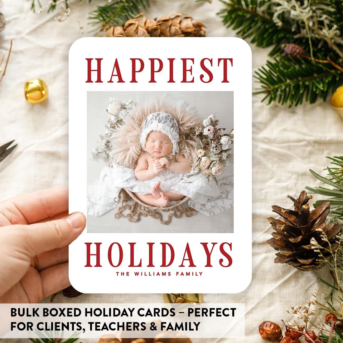 Andaz Press Personalized Christmas Cards with Envelopes, Red Happiest Holidays Photo Custom Holiday Cards, 5x7 Inch Thick Cardstock Bulk Boxed Greeting for Family, Friends, Business Clients, 24-Pack