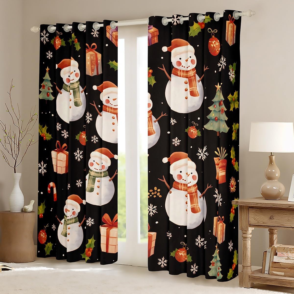 Cartoon Christmas Curtain Home Decor,Cute Xmas Santa Gnome Snowman Print Window Drapes for Girls Boys,Winter Holiday Snowflakes Kawaii Window Treatment Curtains for Office, 42Wx90L inch