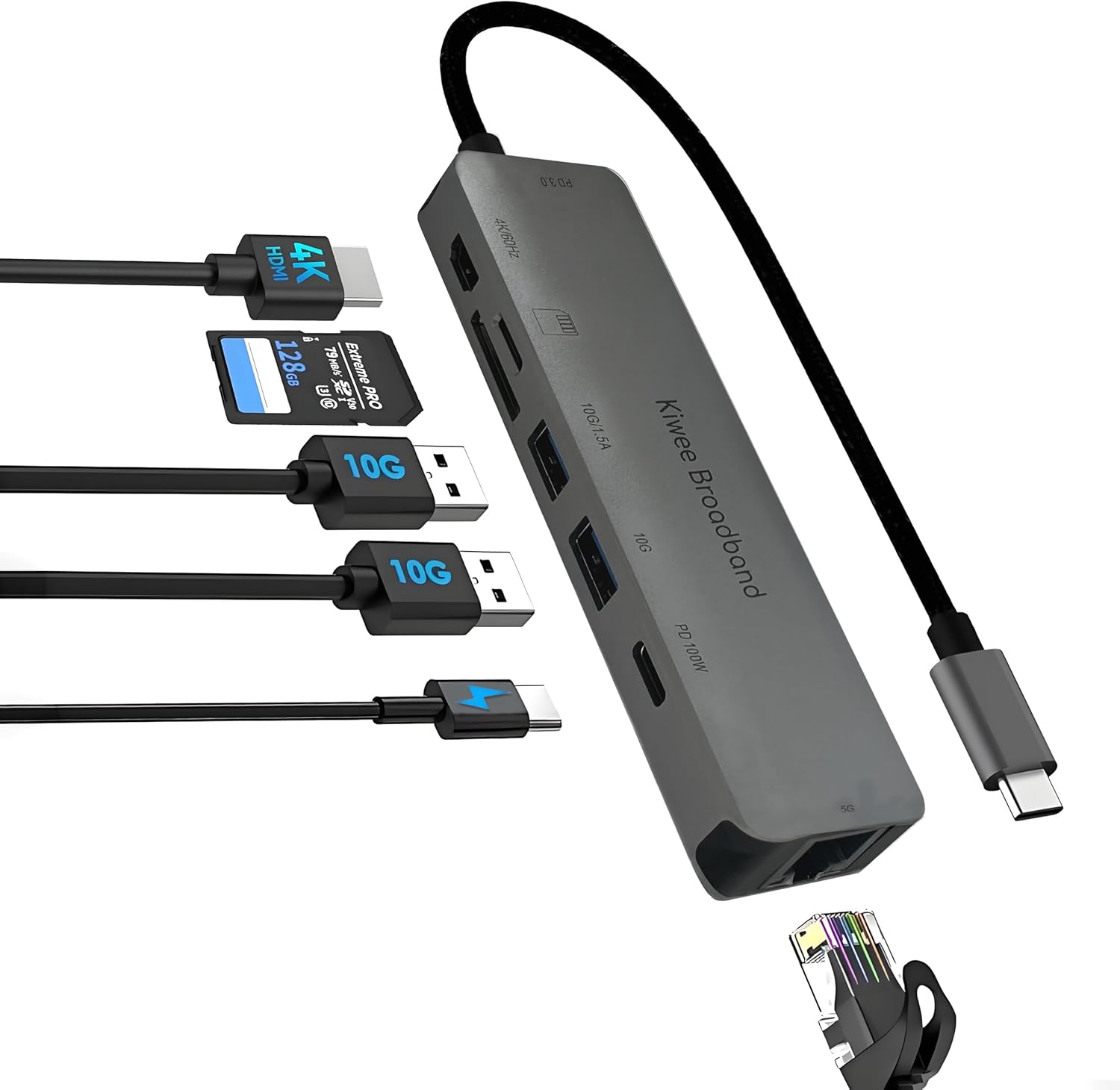 Kiwee Broadband 7-in-1 USB-C Hub with 5Gbps Ethernet, 100W PD Charging, 4K HDMI, 2 USB-A 3.2 Ports, SD/MicroSD Card Reader, Universal Dock for MacBook, Windows Laptop, iPad, Chromebook (KB-USBC-5GH7)