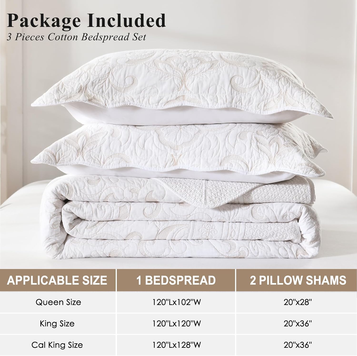Queen Bedspreads 102x120 - Oversized Queen Quilt Set, Lightweight Thin Comforter, 3-Piece Floral Scrolls Pattern Embroidery with Scalloped Edge Bedding Coverlet Set, 100% Cotton, Beige/White