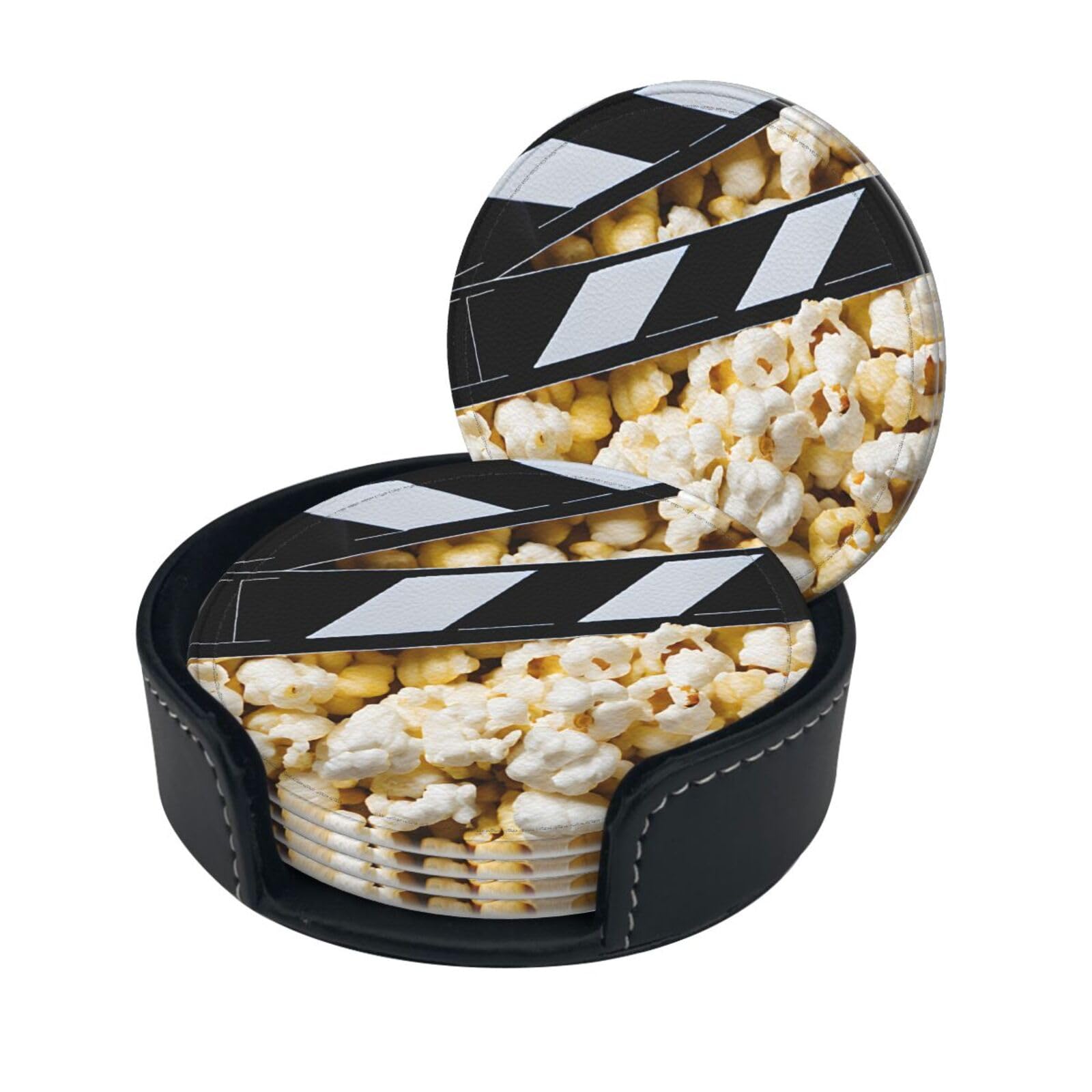 Cinema Movie Clapboard and Popcorn Printed Leather Coasters (6-Pack) - Heat Resistant Drinks Cup Mat Pad for Home and Office Decor