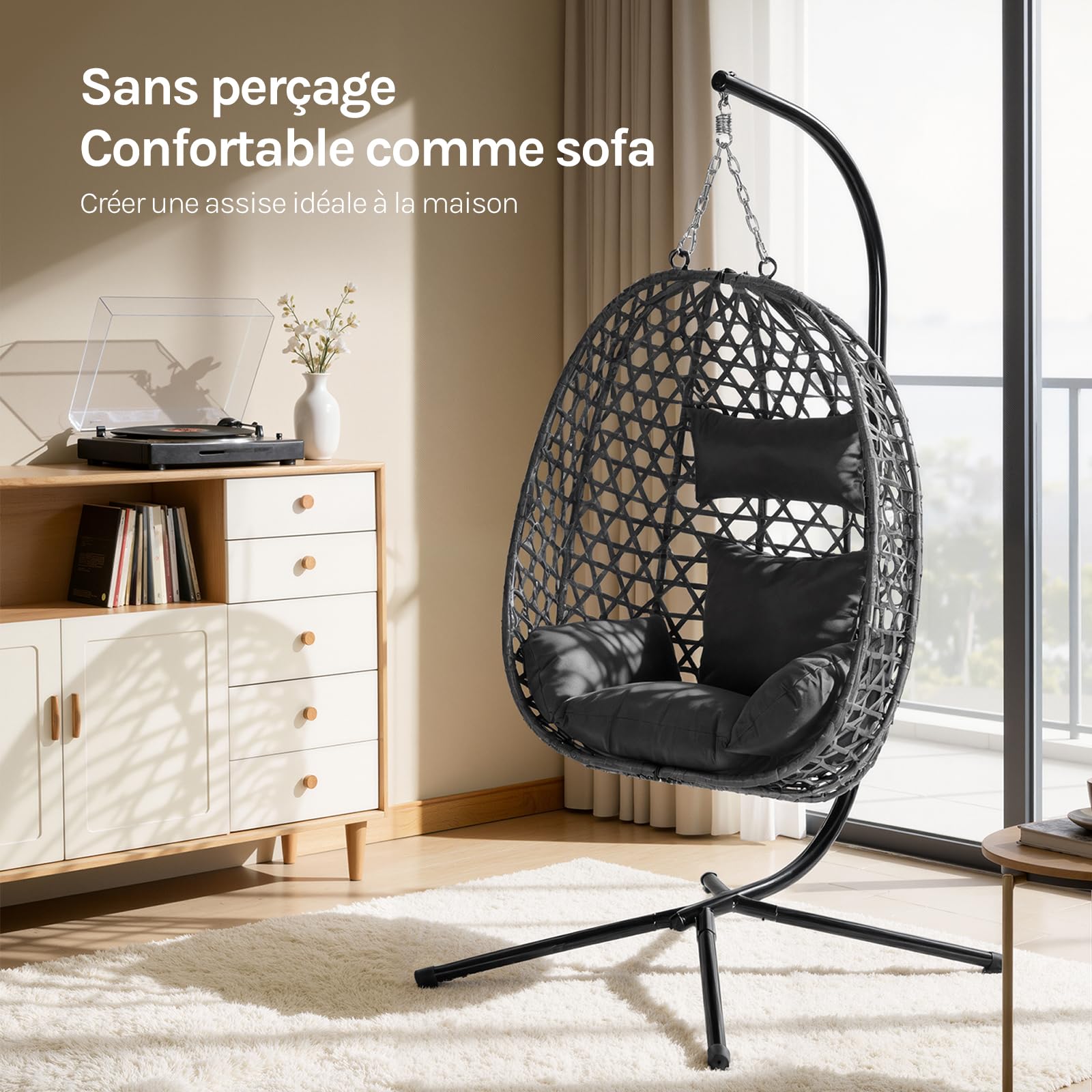 WOLTU Fauteuil Œuf Suspendu, Chaise Hamac Balançoire, avec Support en Métal, Coussin de Siège et Appui-tête, Charge 150 kg, Rotin PE, pour Jardin, Balcon, Terrasse, 102x100x196cm, Noir