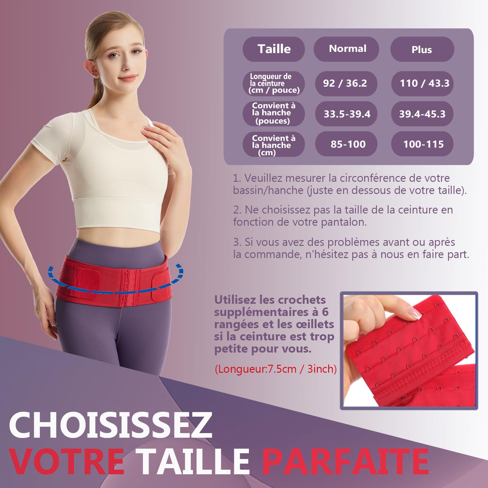 Paskyee Ceinture abdominale avec 6 rangées supplémentaires de crochets et d'yeux - Soutien du bas du dos pour hommes et femmes (Régulier (hanche 85-100cm))