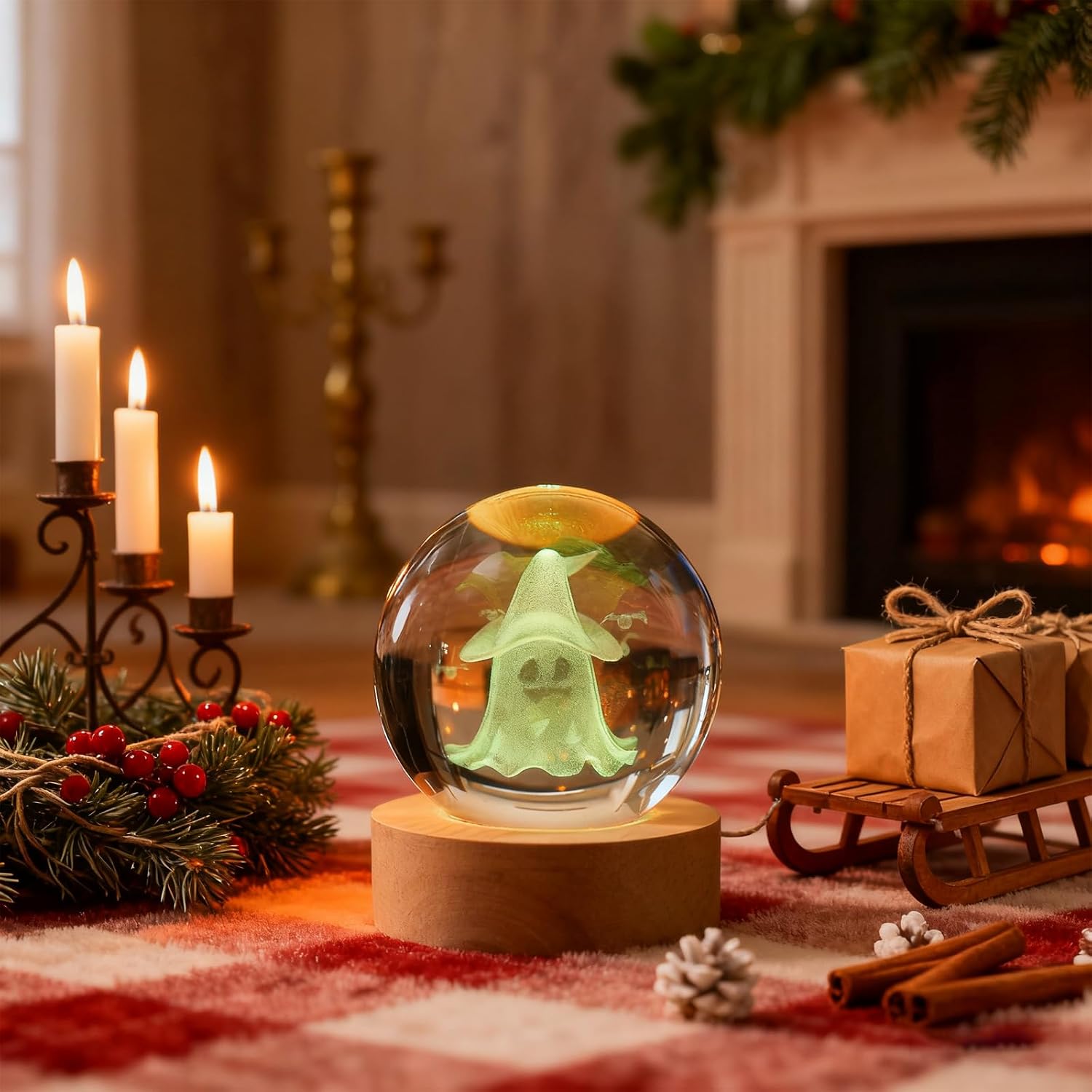 3D Ghost Crystal Ball Night Light,2.36inch Laser Engraved Led Light with Wooden Base, Gifting Box for Birthday Xmas Cool Figurines Gifts for Halloween Room Decor Boys Girls