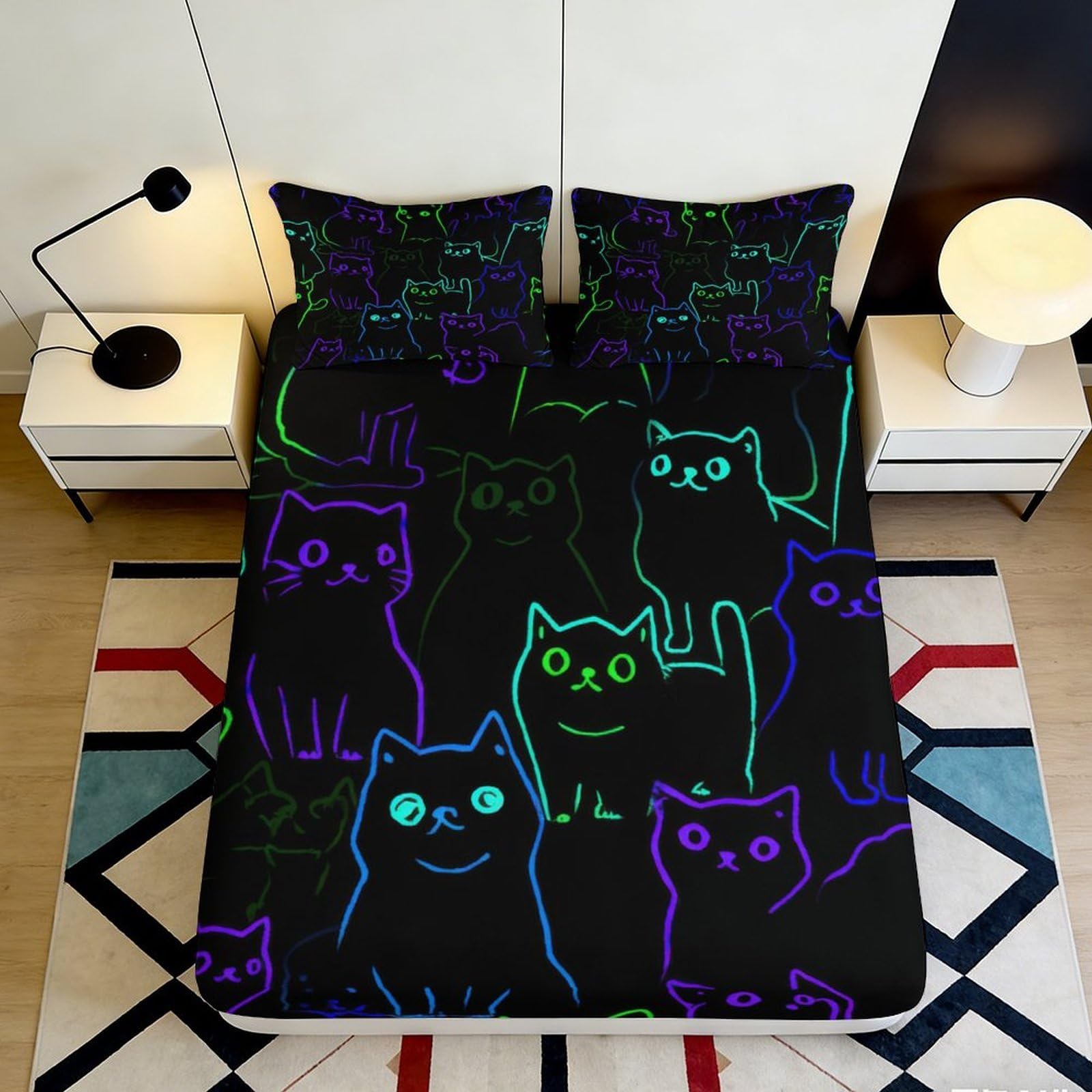 Pnayamiorkfel Style-5 3D Printed Neon Cat Fitted Sheet Microfiber Soft Bedroom Decor Glow Outline Bed Cover For Home Guest Room 90X200x25cm