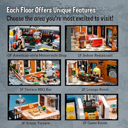 Miniatura 4 de PANTASY Juego de construcción retro para motocicleta y bar, kit modular de arquitectura de esquina de calle con puertas interactivas, paredes que se