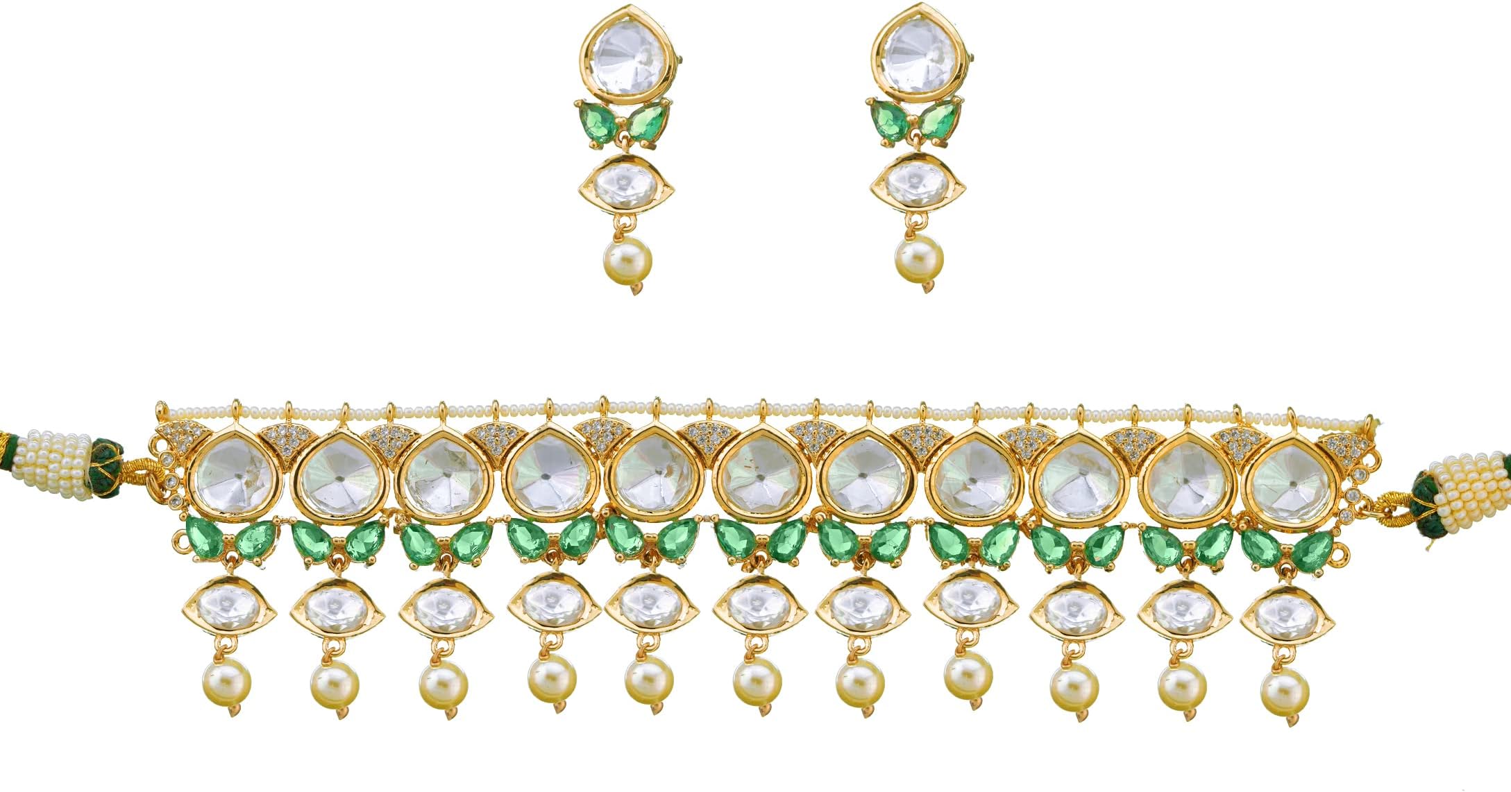 Kord StoreCaptivating Pear-Shaped Green Kundan Vilandi Necklace: 18K Rajwadi Gold Plated Masterpiece For Women