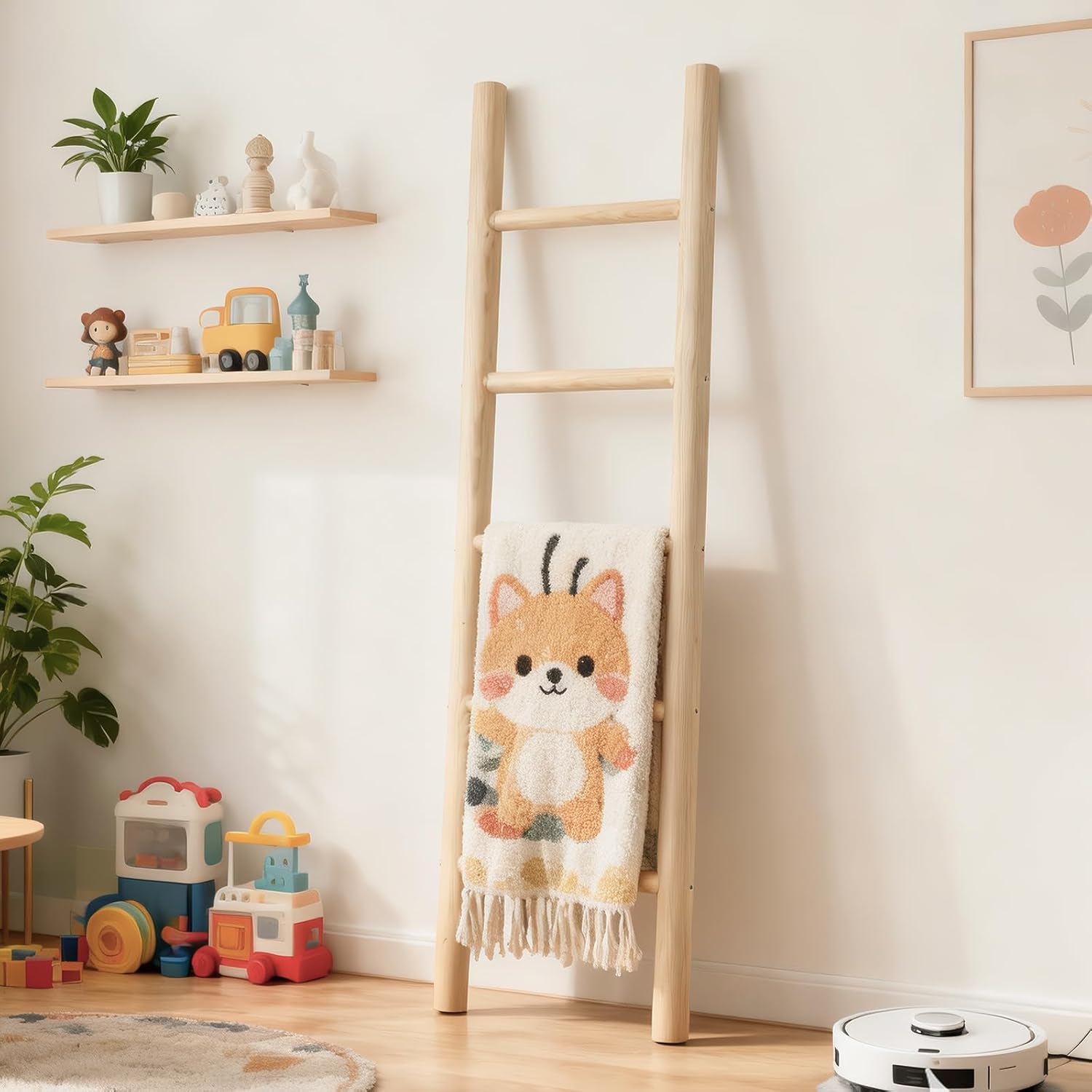 Wooden Blanket Ladder Natural & Motley Wood - Leaning Wall Decor for Bedroom, Bathroom, Living Room - Rustic Quilt Holder & Towel Rack (Light Wood Color, 57in | Fully Assembled)