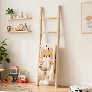 Wooden Blanket Ladder - 57in Natural Wood Color- Leaning Wall Decor for Bedroom, Bathroom, Living Room - Rustic Quilt Holder (Light Wood Color, 57in | Knock Down)
