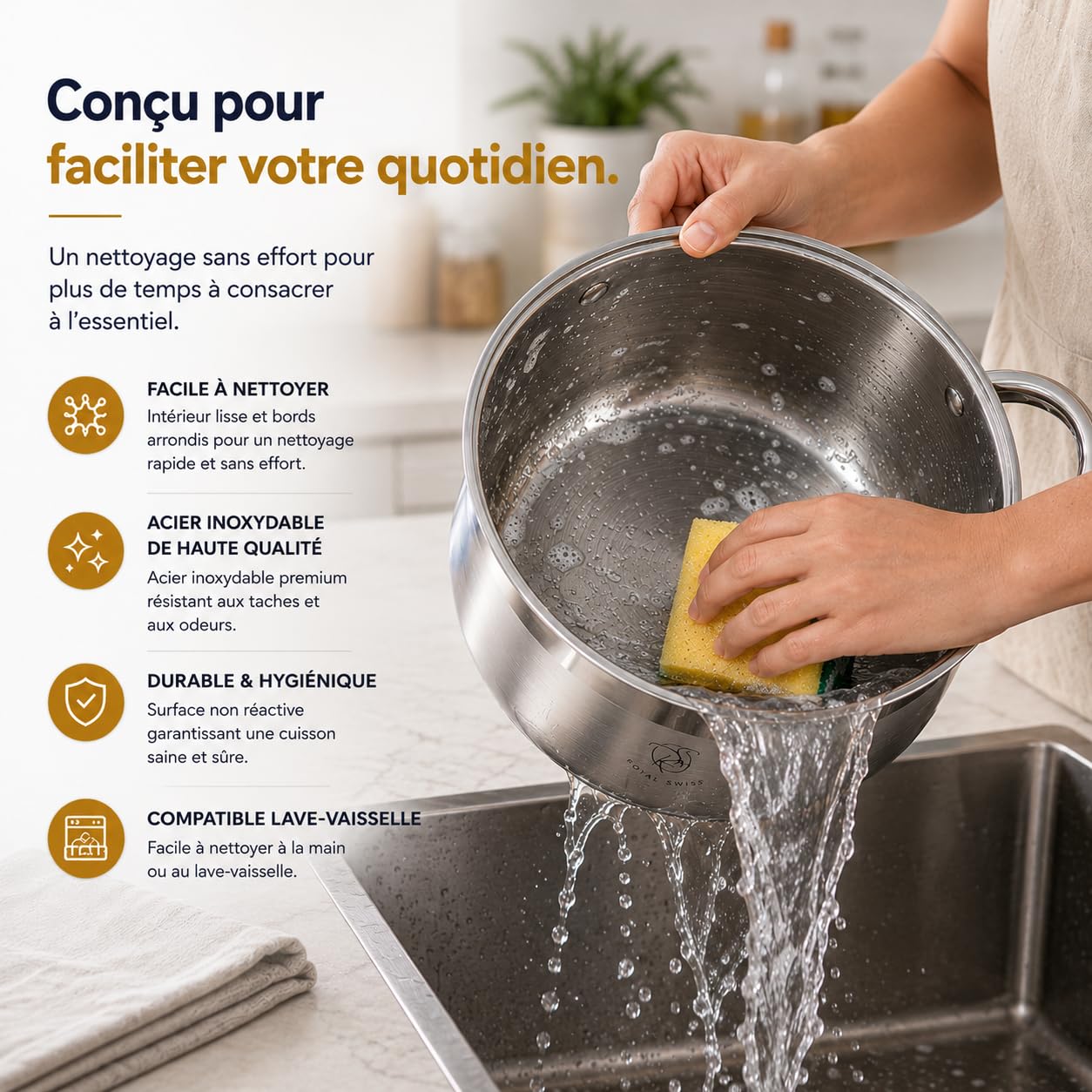 Royal Swiss® Batterie de Cuisine Inox 6 Pièces – Casseroles & Poêles avec Couvercles en Verre – Tous Feux – Acier Inoxydable Durable (6 pcs)