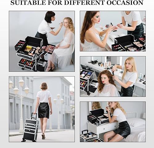 Miniatura 7 de Joligrace Estuche de maquillaje rodante 4 en 1 con ruedas y cajones, gran estuche profesional de cosmetología con cerradura, estuches de