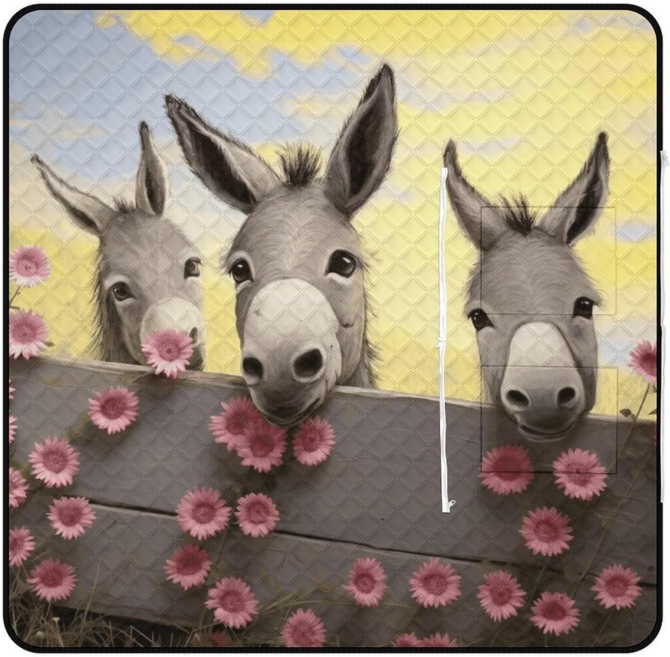 Donkey and Flower Picnic Blanket with Zipper Water Resistant Sand Free Picnic Mat Washable Foldable Easy Carry Beach Blanket for Lawn Beach Hiking Camping