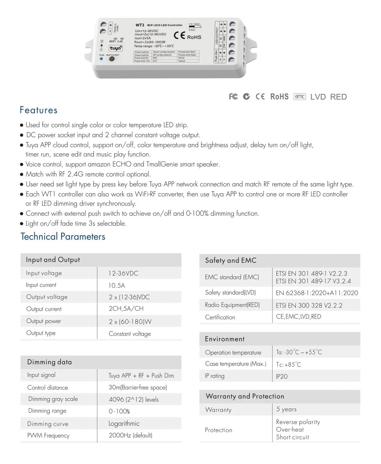 1 STÜCKE 2CH LED Dimmer 12 V 24 V 36 V DC 2,4G Fernbedienung Dimmer Schalter 2CH * 5A Controller WT1(TW2-4B Wall Panel)