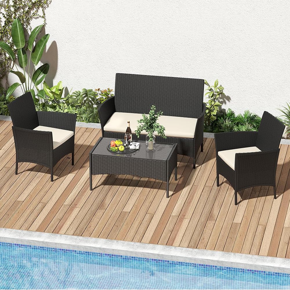 Mediawave Store - Set Divano da Esterno WATAMU 4 Posti in Polyrattan Nero, Salotto da Giardino con Tavolino e Cuscini Sfoderabili, per Terrazzo e Patio Resistente ai Raggi UV
