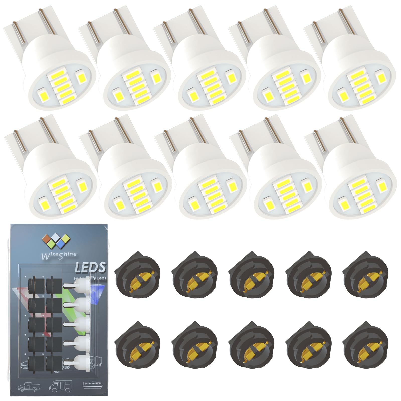Wiseshine T10 LED Bulb 194 2825 168 158 W5W LED Light Bulb Vehicle Auto Automotive Car Interior for Panel Dome Map Door Cargo Courtesy License Plate Light DC 12V 3014smd White(Pack 10)