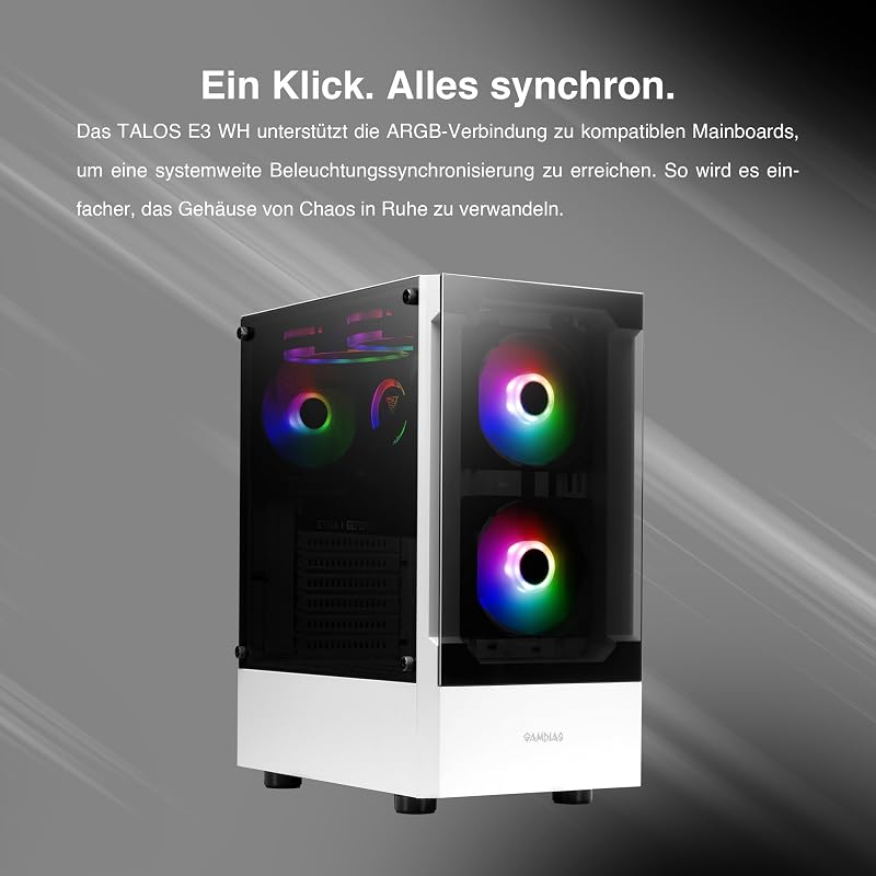 GAMDIAS ATX Mid-Tower Gamer PC Ház, 3 db 120mm ARGB Ventilátorral, Mesh Előlap, Edzett Üveg Oldallap, Fehér
