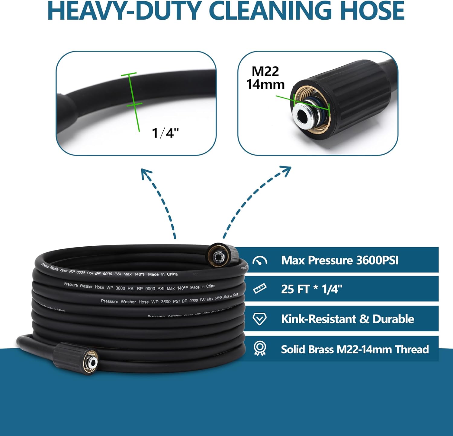 Pressure Washer Gun and Hose Kit, 25FT High Pressure Power Washer Hose with Spray Gun, Wand Extension, 5 Nozzles, M22-14mm Fittings, 3600 PSI