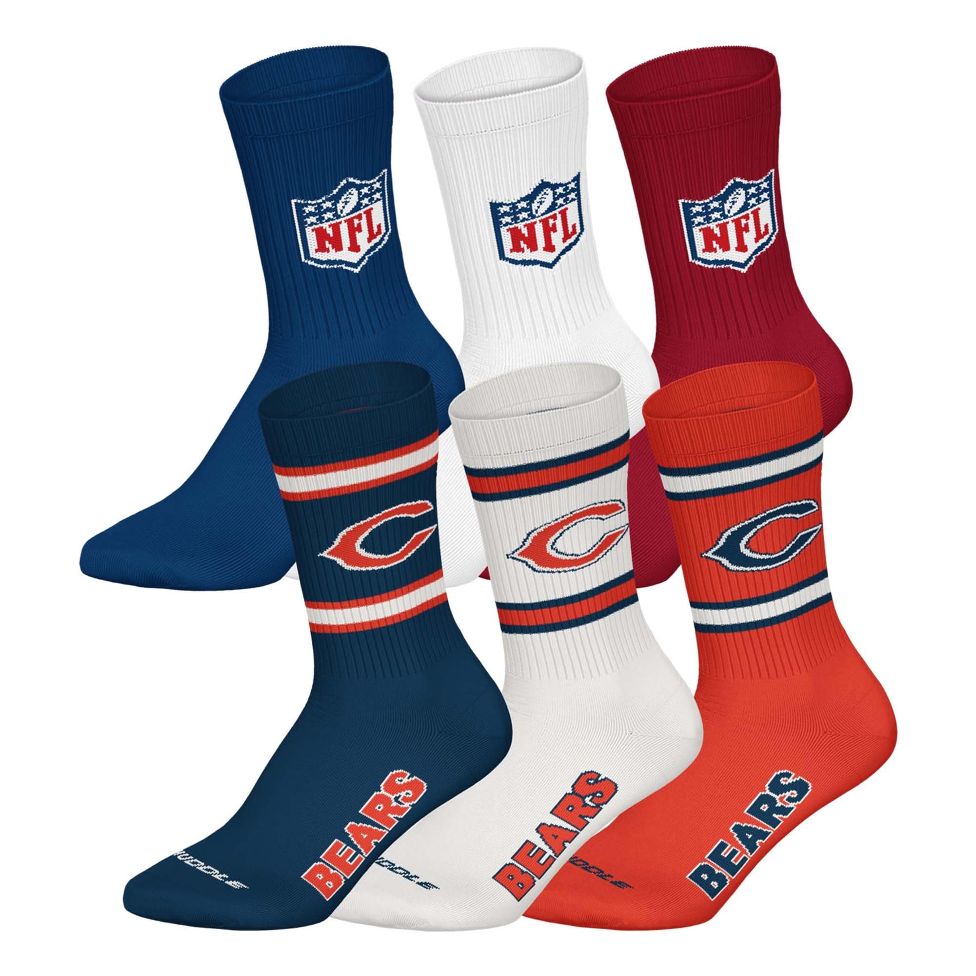 NFL Unisex Team Crew Socks, Chicago Bears, Mix, 39-42, Pack of 6