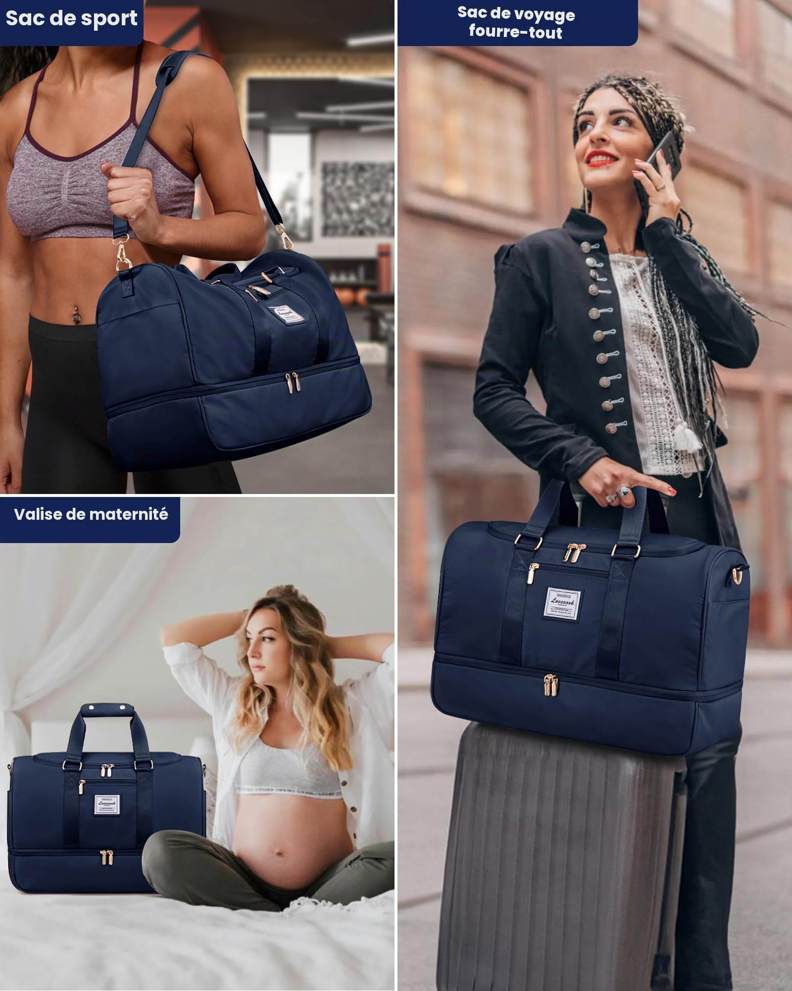 LOVEVOOK sac de sport pour femme - Grand sac de voyage avec trousse de toilette et compartiments à chaussures et humide - Imperméable