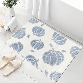 APROPHIC Blue Pumpkin Bath Mats, Fall Bathroom Decor, Non-Slip Microfiber Bath Rugs, Autumn Thanksgving Bathroom Rug for Shower, Tub, Sink, Decor, Machine Washable, 17x24 inch