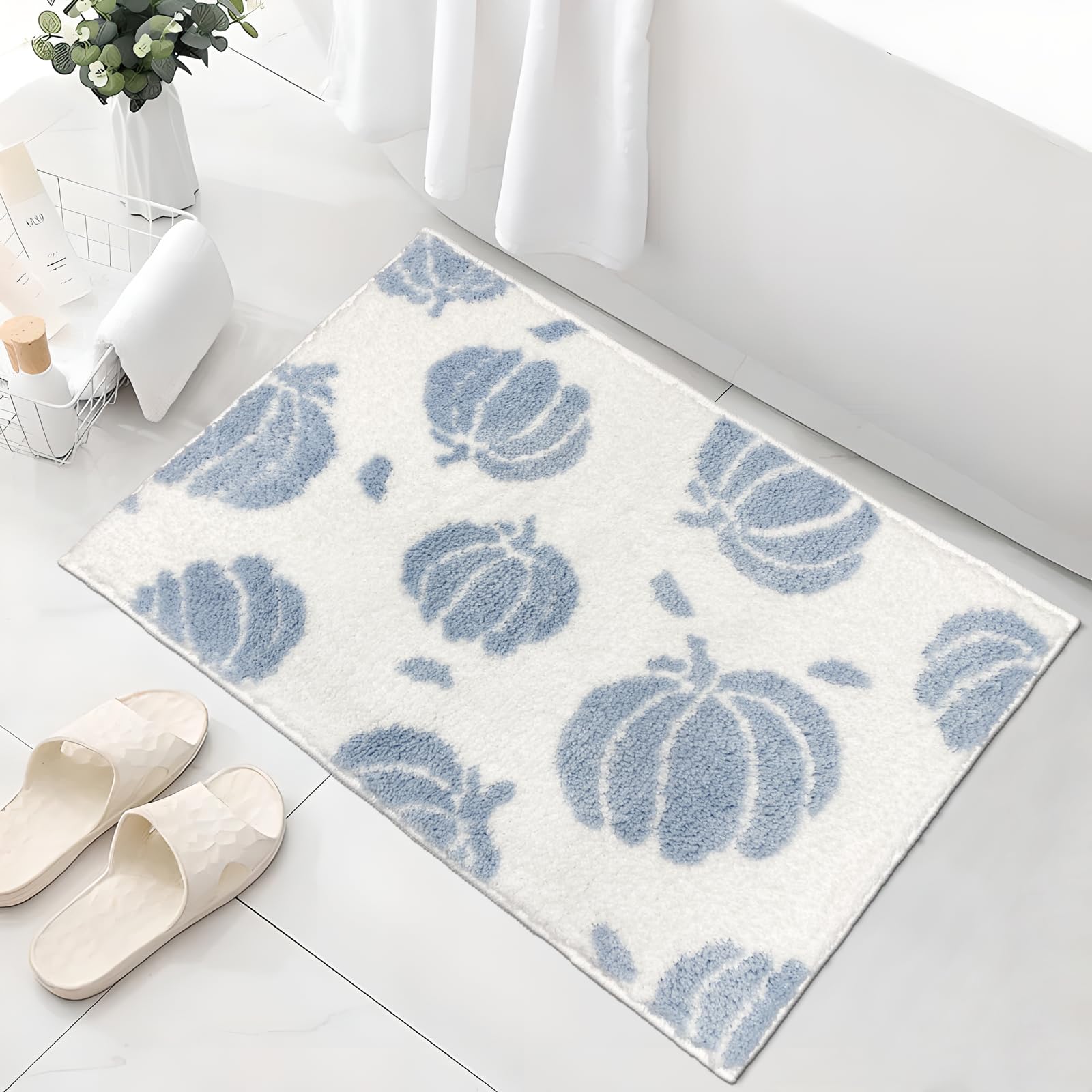 APROPHIC Badematten mit blauem Kürbis, Herbst-Badezimmer-Dekor, rutschfeste Mikrofaser-Badteppiche, Herbst-Dankes-Badezimmerteppich für Dusche, Badewanne, Waschbecken, Dekoration, maschinenwaschbar