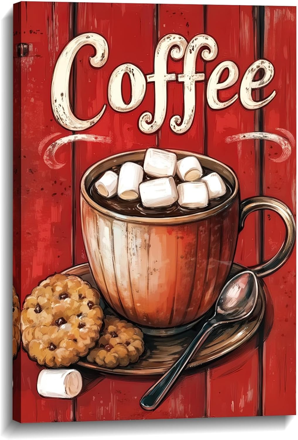 Coffee Canvas Wall Art Kitchen Decor Vintage Red Poster Espresso Marshmallow with Cookie Picture Vintage Prints Latte Art for Bar Dining Room Wall Decor Framed(Art-3,12.00x18.00 inch)