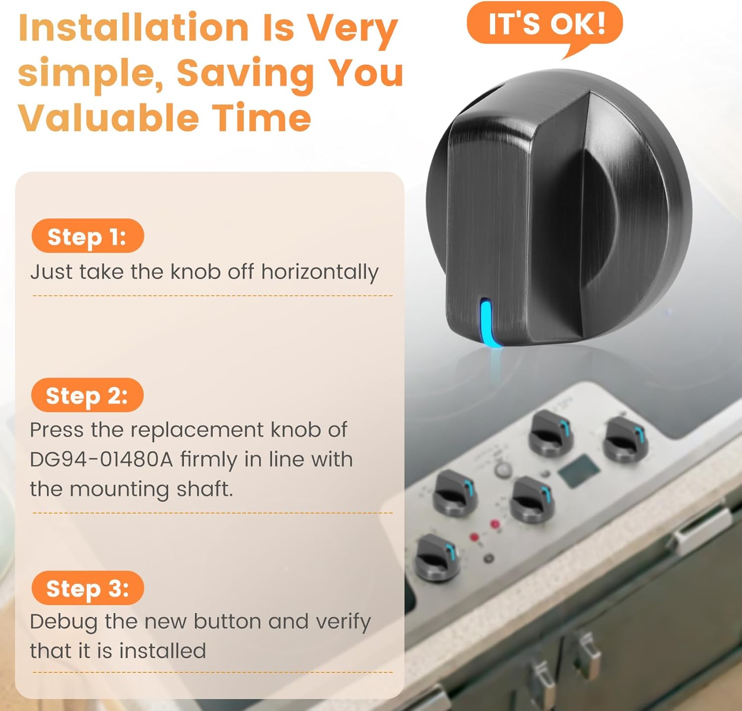 DG94-01480A Replacement Knobs for Samsung Electric Stove NZ30K6330RG/AA, NZ36K6430RS/AA, NZ30K6330RS/AA, NZ36K6430RG/AA, DG94-01480A Cooktop Burner Knob(No blue light）