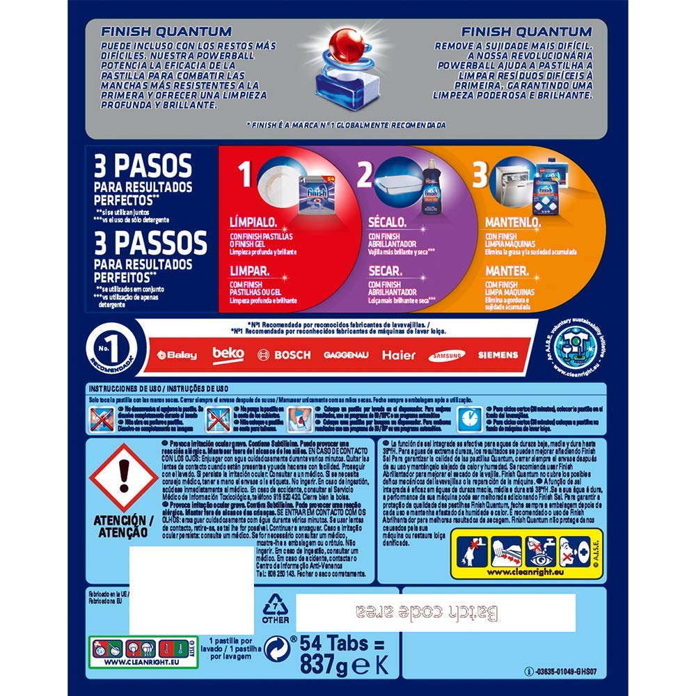 Finish Powerball Quantum All in 1 Pastillas para el Lavavajillas, 53 Pastillas (Paquete de 5)