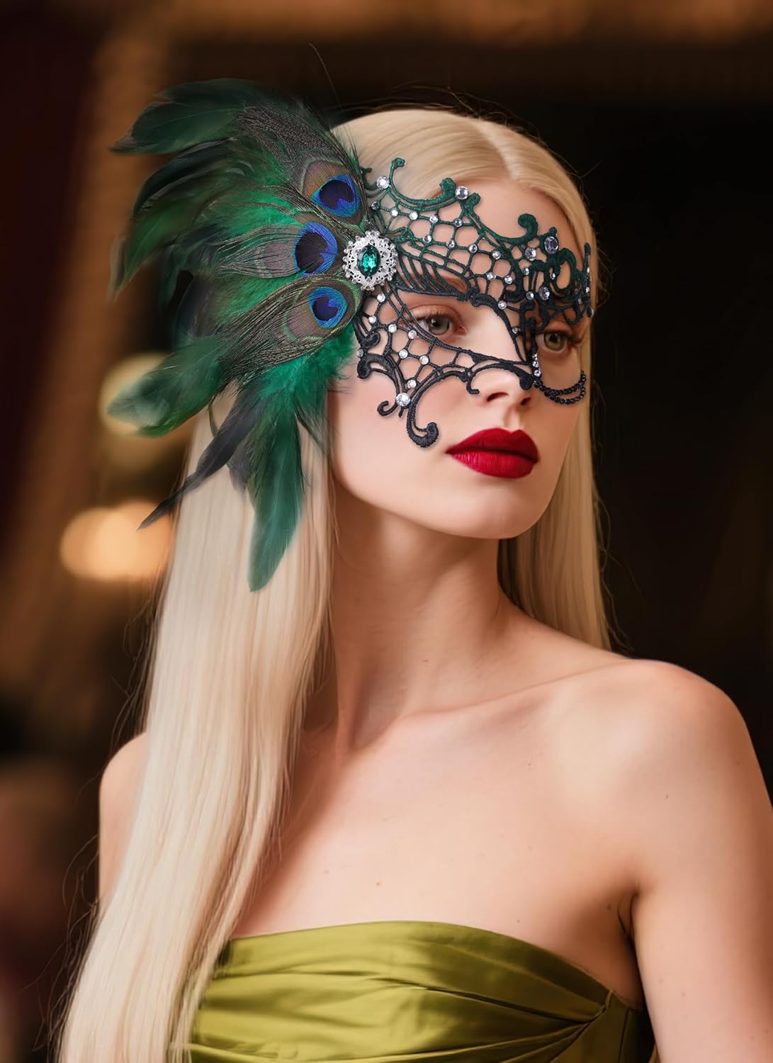 Halloween Masquerade Masks for Women - 2026 Peacock Feather Lace Mask 1920s Venetian Eyemask for Party - Image 2