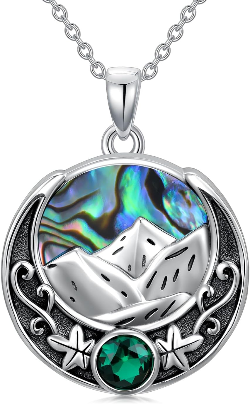 LONAGO Mountain Necklace 925 Sterling Silver Vintage Mountain with Abalone Shell Pendant Necklace for Women
