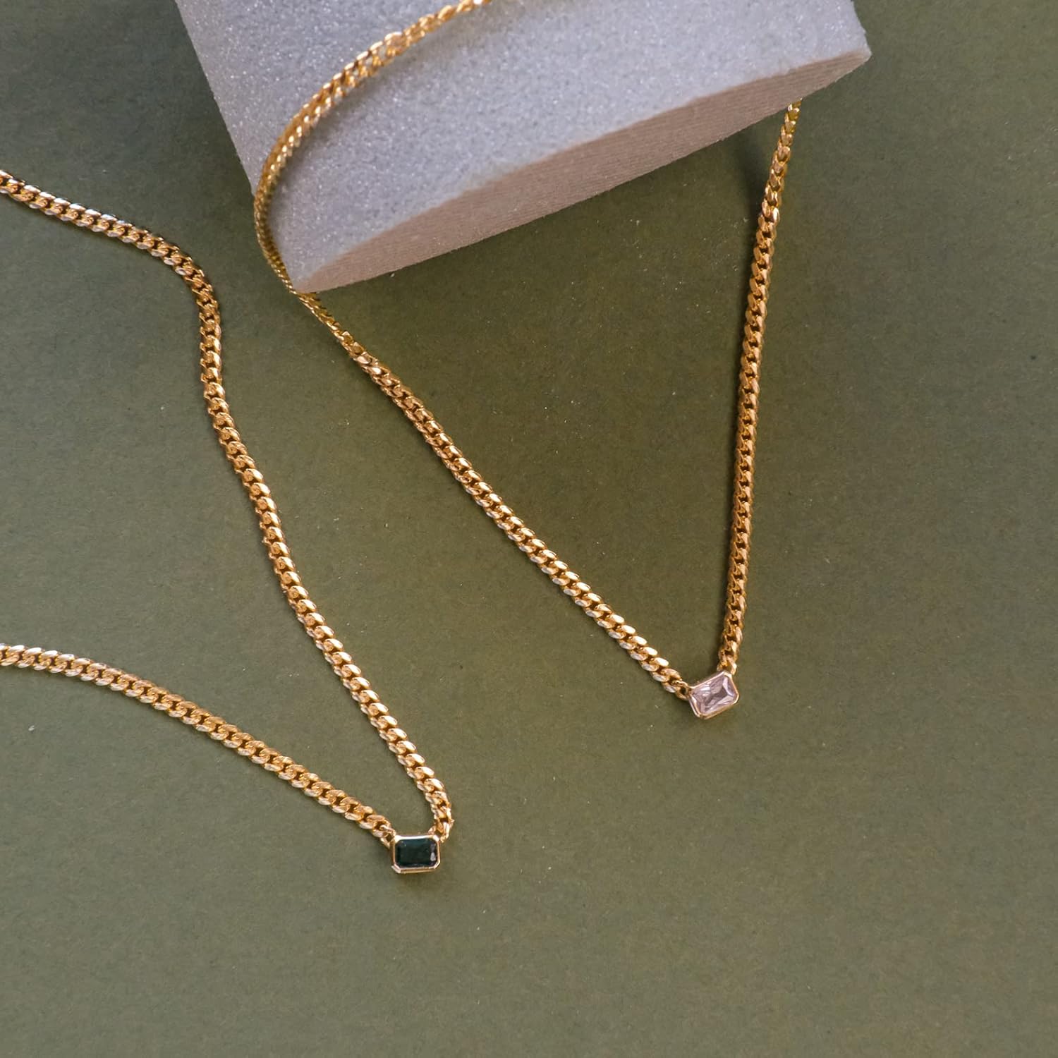espere Baguette CZ Necklace | Emerald Cut Pendant Cuban Link Chain Choker 14'' with 2'' Extender