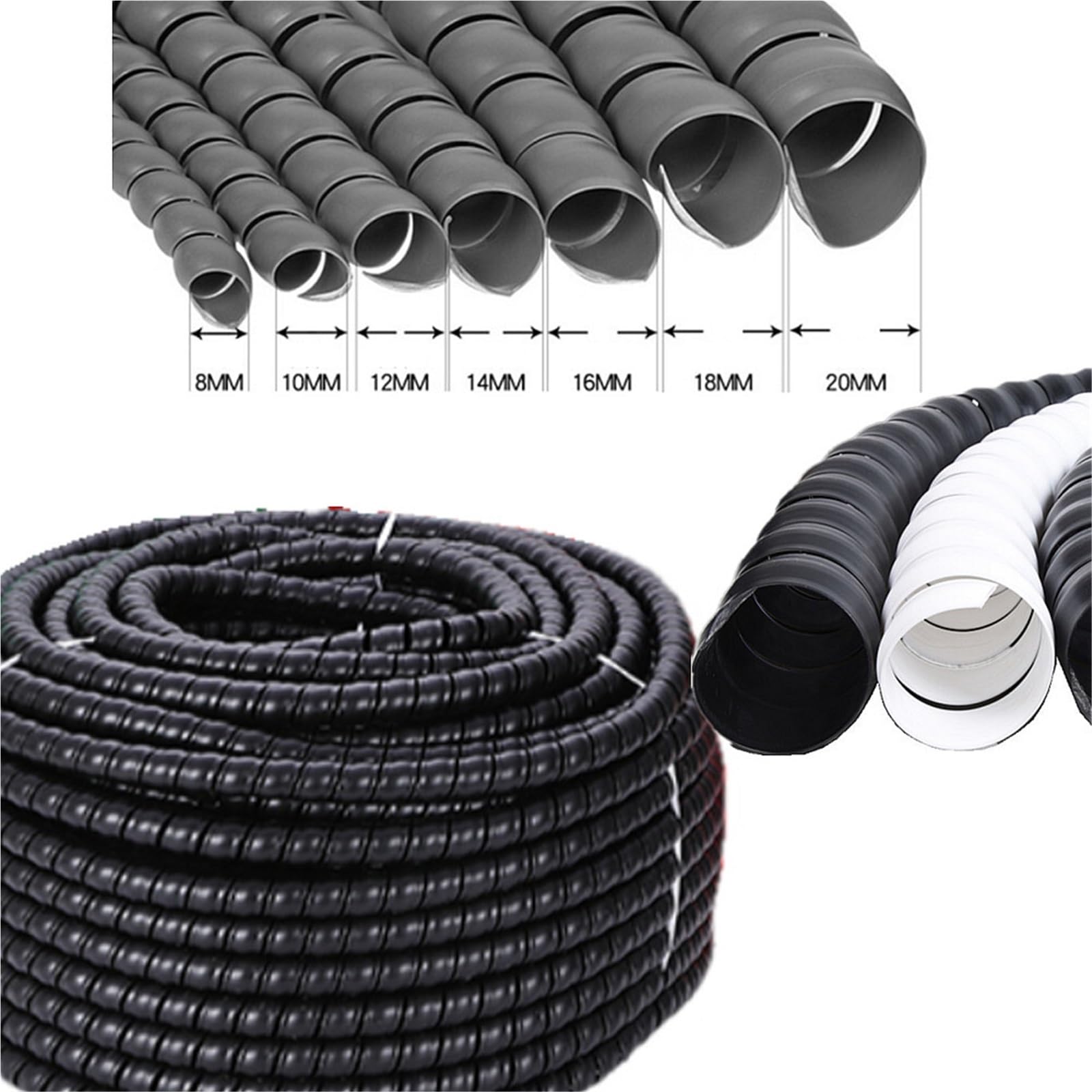 Avvolgicavo a spirale flessibile Tubo di avvolgimento 1/2/5M 8/10/12/16/20 mm Organizzatore cavi Manicotto protezione del cavo Protezione a spirale(Grey,ID 14mm,10 Meters)
