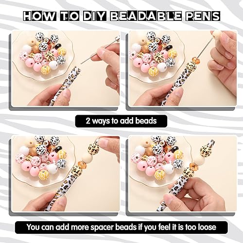 Miniatura 4 de Juego de 12 bolígrafos de plástico con cuentas surtidas, cuentas de madera, cuentas espaciadoras de cristal, cuentas redondas, bolígrafo de tinta