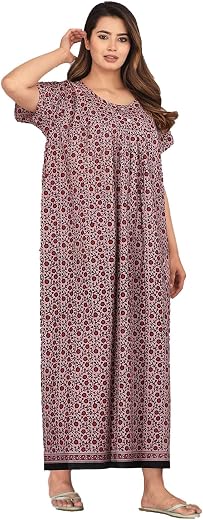 Monique Brand Women's Cotton Nighty for Women Floor Length Round Neck Short Sleeves