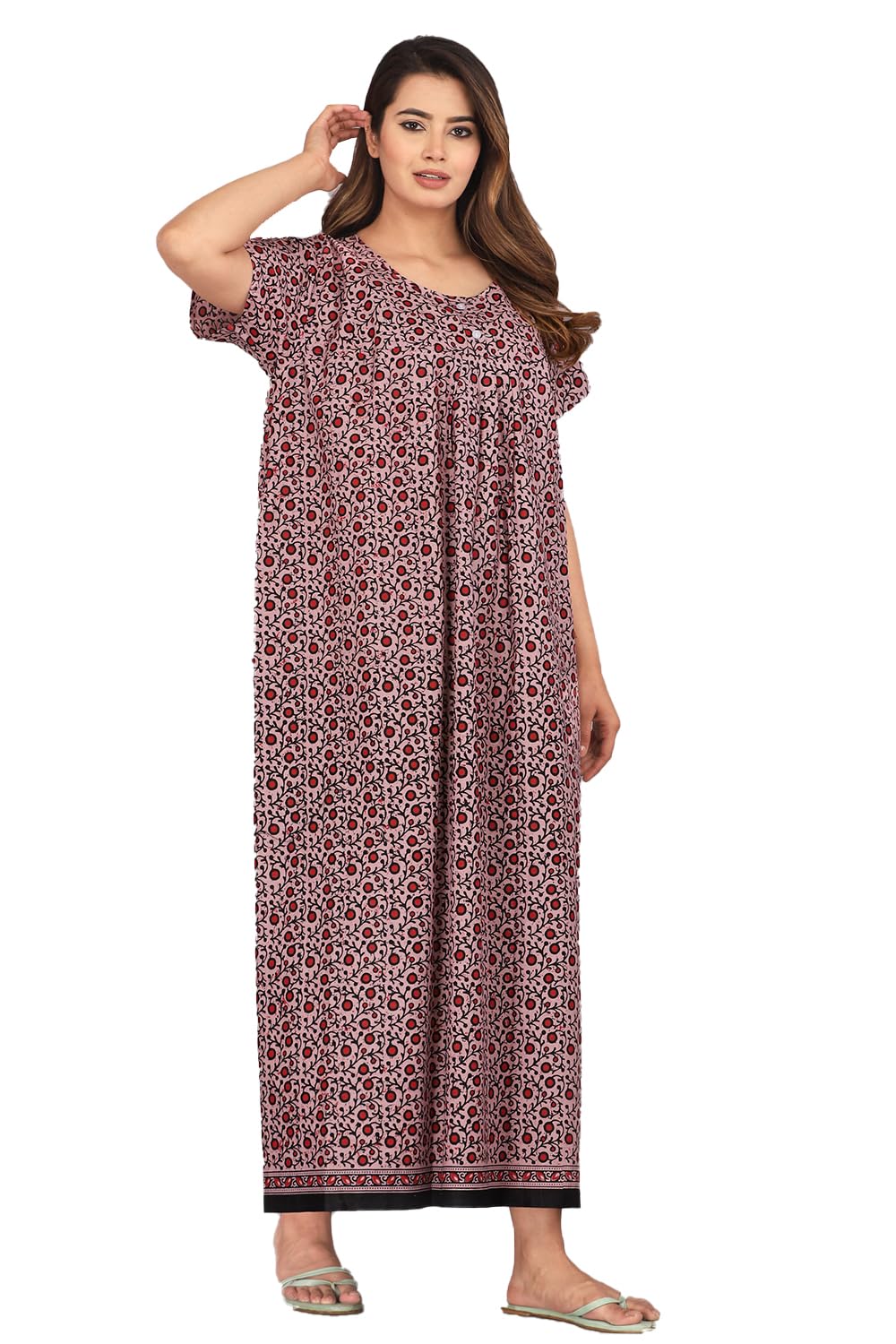 monique Nighty for Women Cotton Printed Maxi Gown Ankle Length Nighty Night Dress Gown for Women Maxi - Free Size Light Grey-picture-57