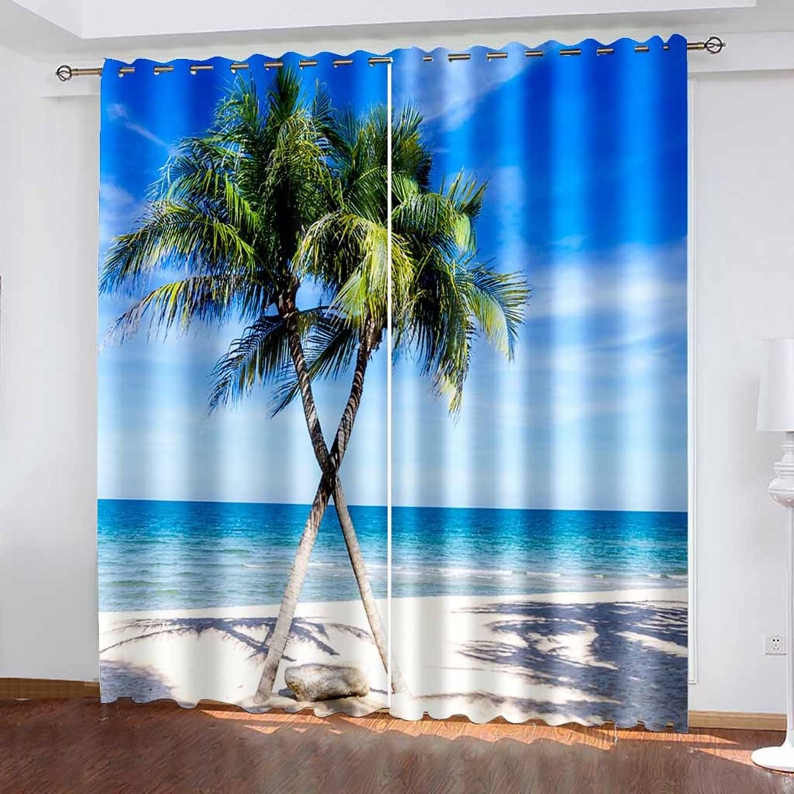 Nieprzezroczyste zasłony wewnętrzne, zasłona zaciemniająca niebiesko-zielona plaża krajobraz i drzewo kokosowe poliester zestaw 2 szt. 192 x 214 cm