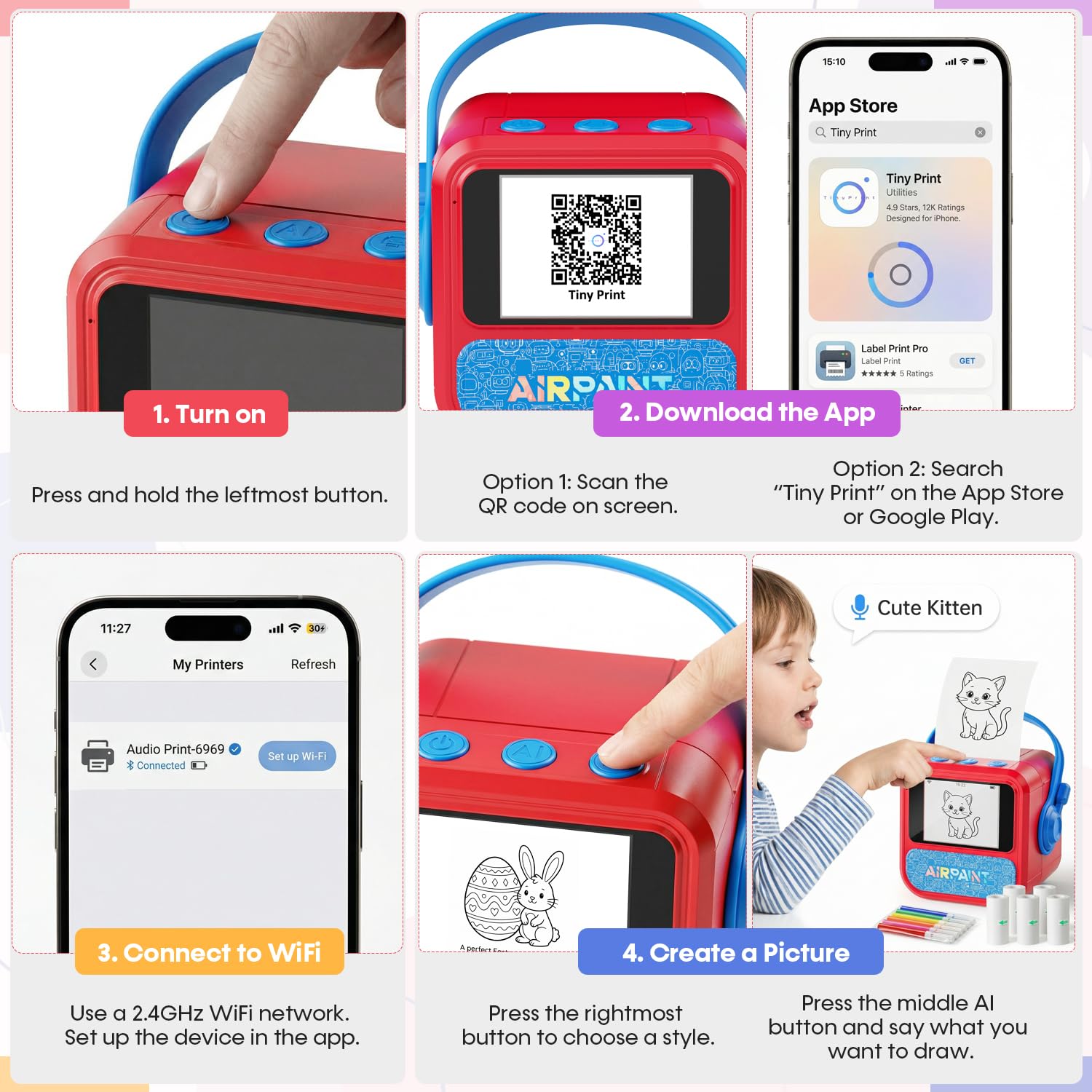 BioAdvanced Impresora térmica portátil inteligente con IA para niños, impresora térmica inalámbrica sin tinta, mini fabricante de calcomanías térmicas con control de voz y 6 opciones de estilo