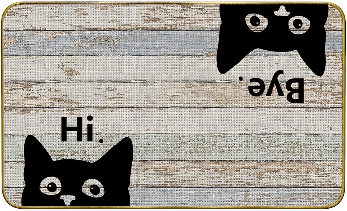 Mingnei Hi Bye Cat Welcome Doormat - Door Mat for Home Kitchen Entrance, Funny Black Cat Lover Floor Mat for Indoor/Outdoor Entryway Rug 30x17 (Grey)