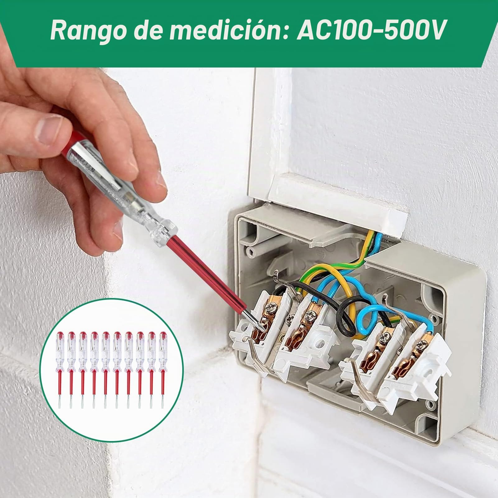 10 Piezas Destornillador Busca Polos, Buscapolos Electricista, Comprobador de fases, Mains Tester No Contacto, 100-500V, Herramientas de Seguridad para Electricistas, Clip de Sujeción Incluido