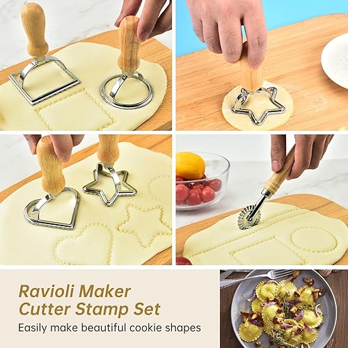 Miniatura 10 de Pierogi - Juego de 5 ruedas para cortar pasta, cortador de ravioles con rueda de rodillo, juego de cortador de ravioles con mango de madera, rueda