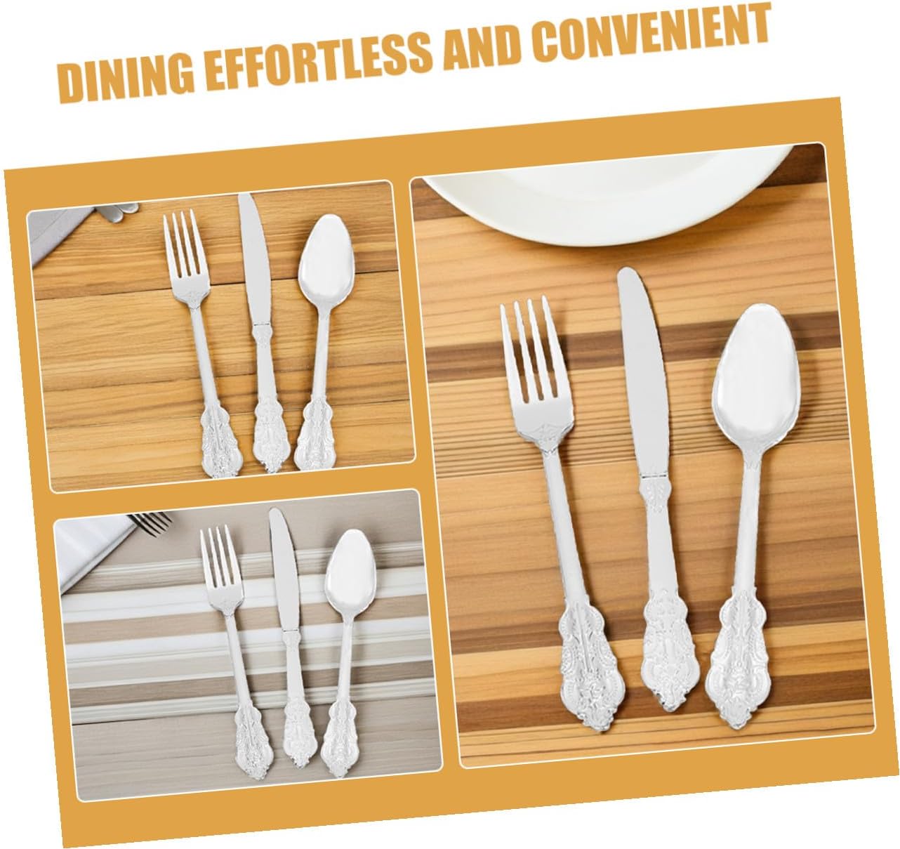 HEMOTON Disposable Gold Foil Tableware Set 24 Pieces with Silver Floral Pattern Plastic Forks Spoons Knives for Parties Picnics Weddings