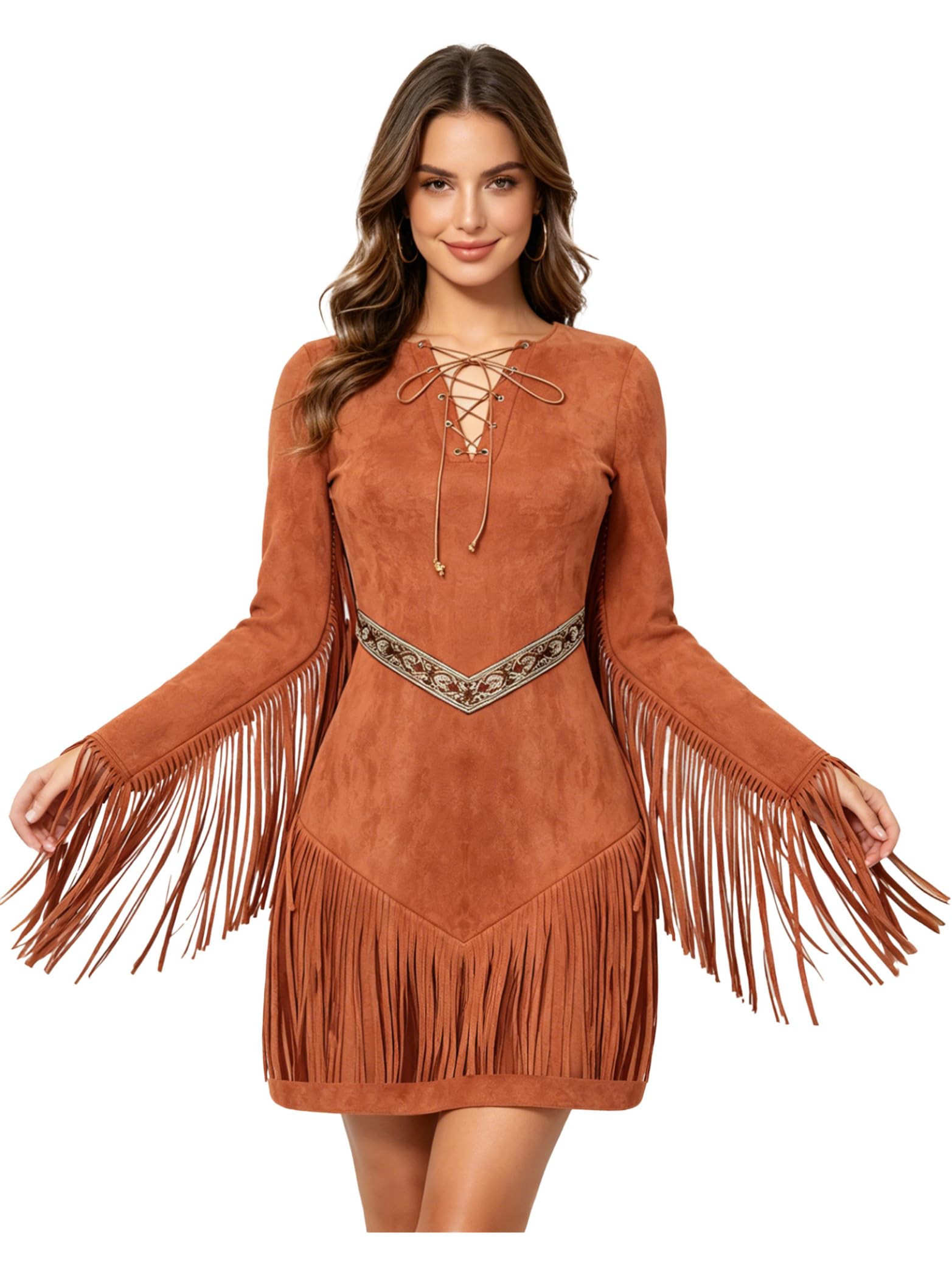 Indianer Kostüm Damen Kleid Langarm Häuptlingstochter Wilder Westen Outfit Kleid Kreuz Schnürung Fransenkleid Bodycon Quasten Minikleid Retro Vintage