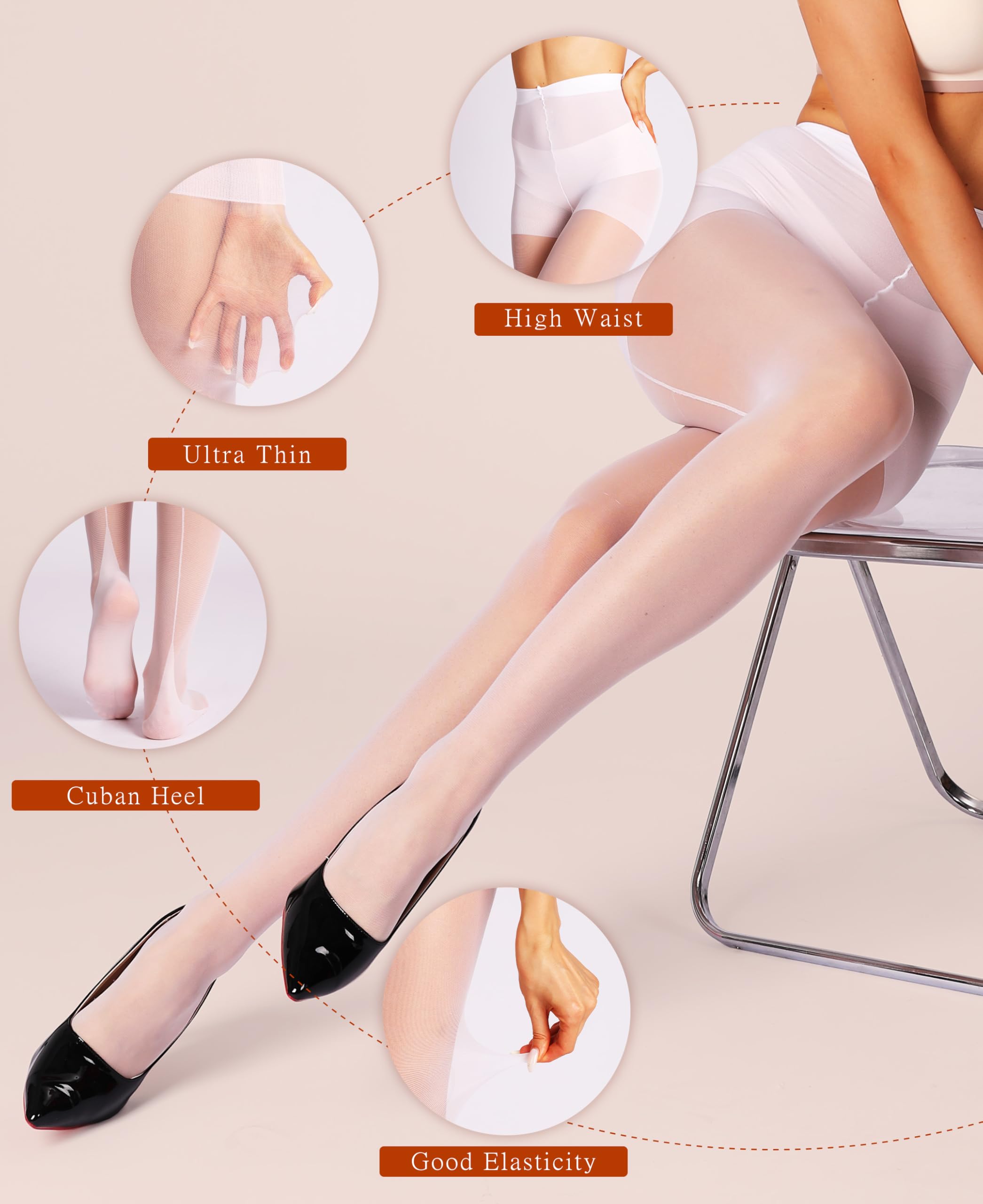 HONENNA Backseam Sheer Tights for Women 2 Pairs High Waist Patterned Cuban Heel Pantyhose With Control Top: Medium White