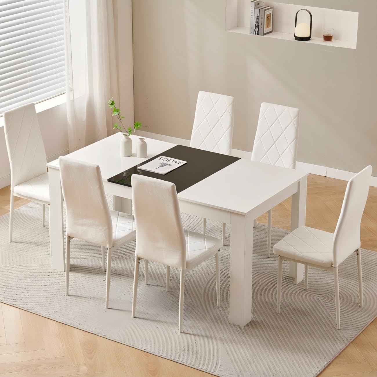 Homullel 150 cm Dining Table and 6 Chairs, 6 Seater Table and Chairs Set, Kitchen Dining Room Set for 6, Compact, Space Saving (Flannel White #2, 150cm, 6 Seats)