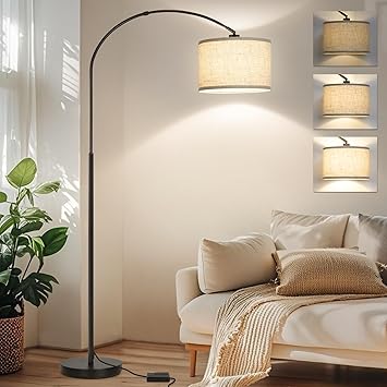 Dimmable Floor Lamp, Arc Floor Lamp with Dimmer, Black Standing Lamp with Adjustable Hanging Shade, Over Couch Tall Reading Light, Modern Pole Lamp for Living Room Bedroom, 9W LED Bulb Included